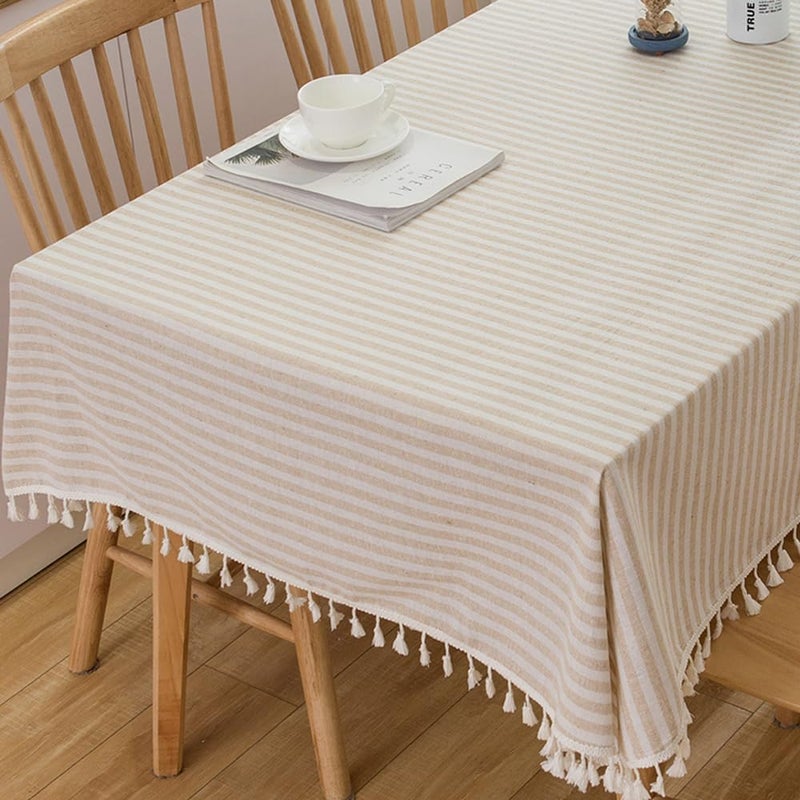TruDelve Rectangular Tablecloth Beige Striped Cloth Tablecloths with Tassels Rustic Fall Table Cloth Rectangle Table Cover (Beige,70"x55",Rectangular) - Image 1